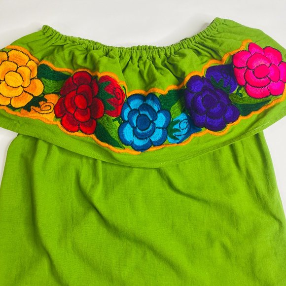 Hand Embroidered Green Floral Blouse Handmade In Mexico - Picture 2 of 10